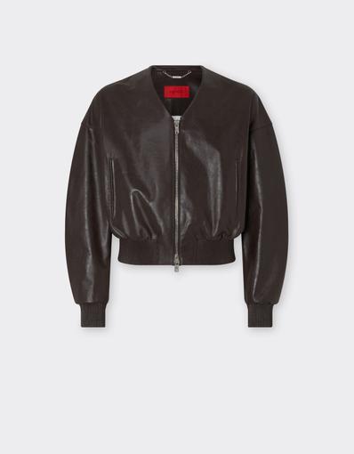 Leather Bomber Jacket with V-Neck