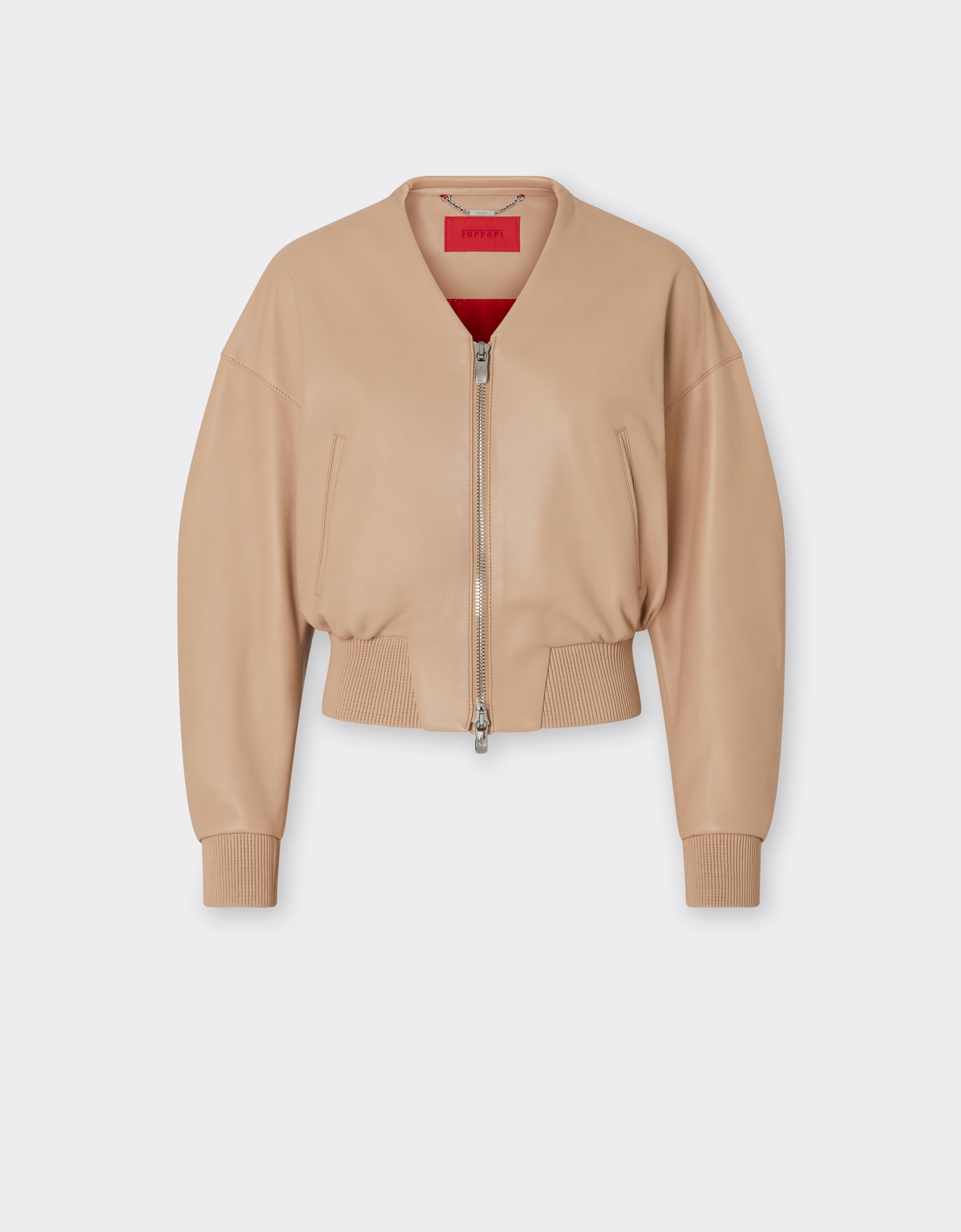 Short leather bomber jacket with V-neck