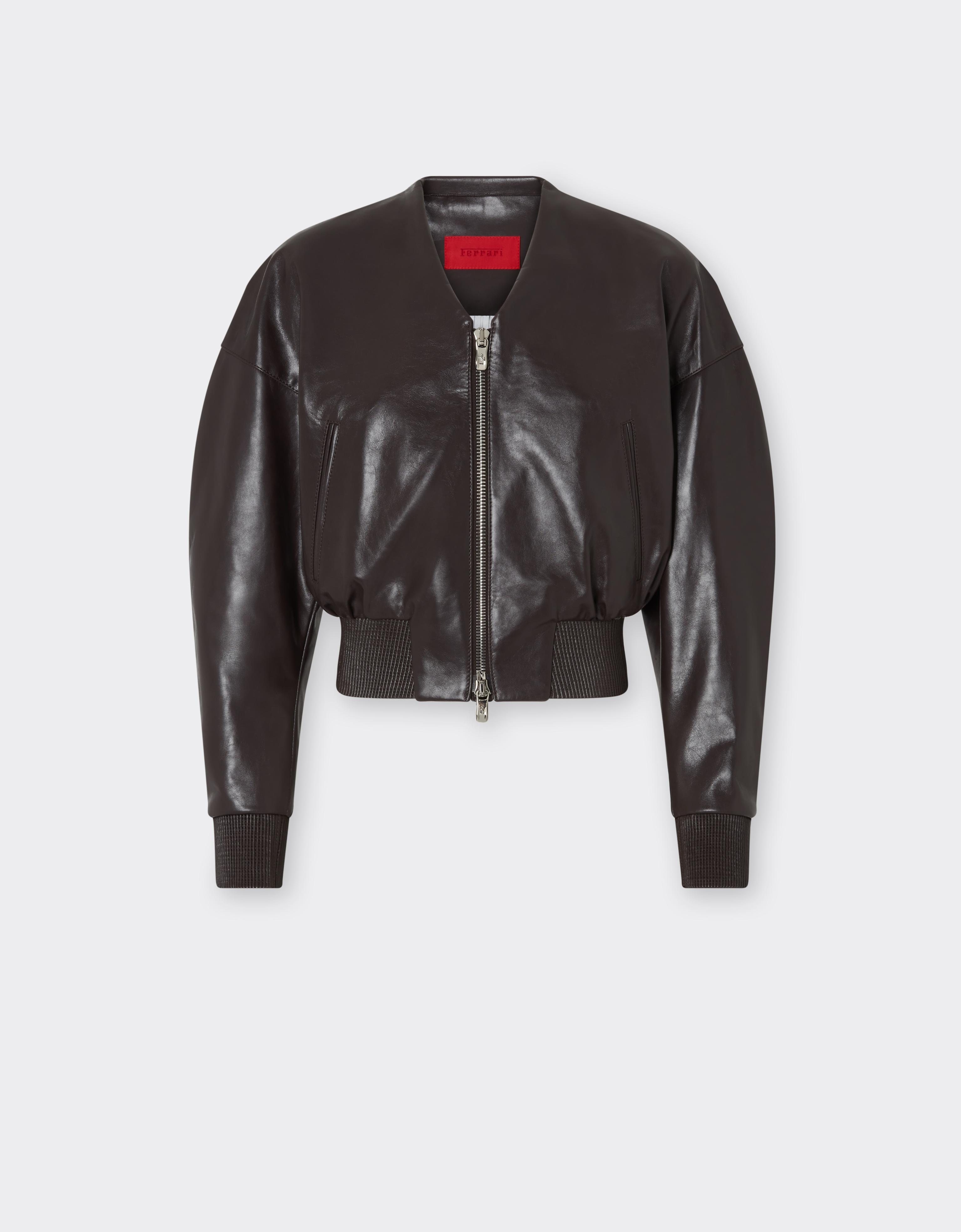Glossy Leather Bomber Jacket with V-neck