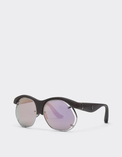 Lunettes de soleil en plastique moulé, métal et cuir marron foncé, avec verres gris à effet miroir rose