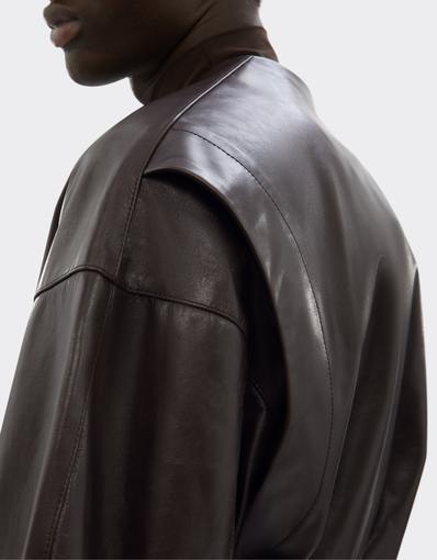Leather Bomber Jacket with V-Neck