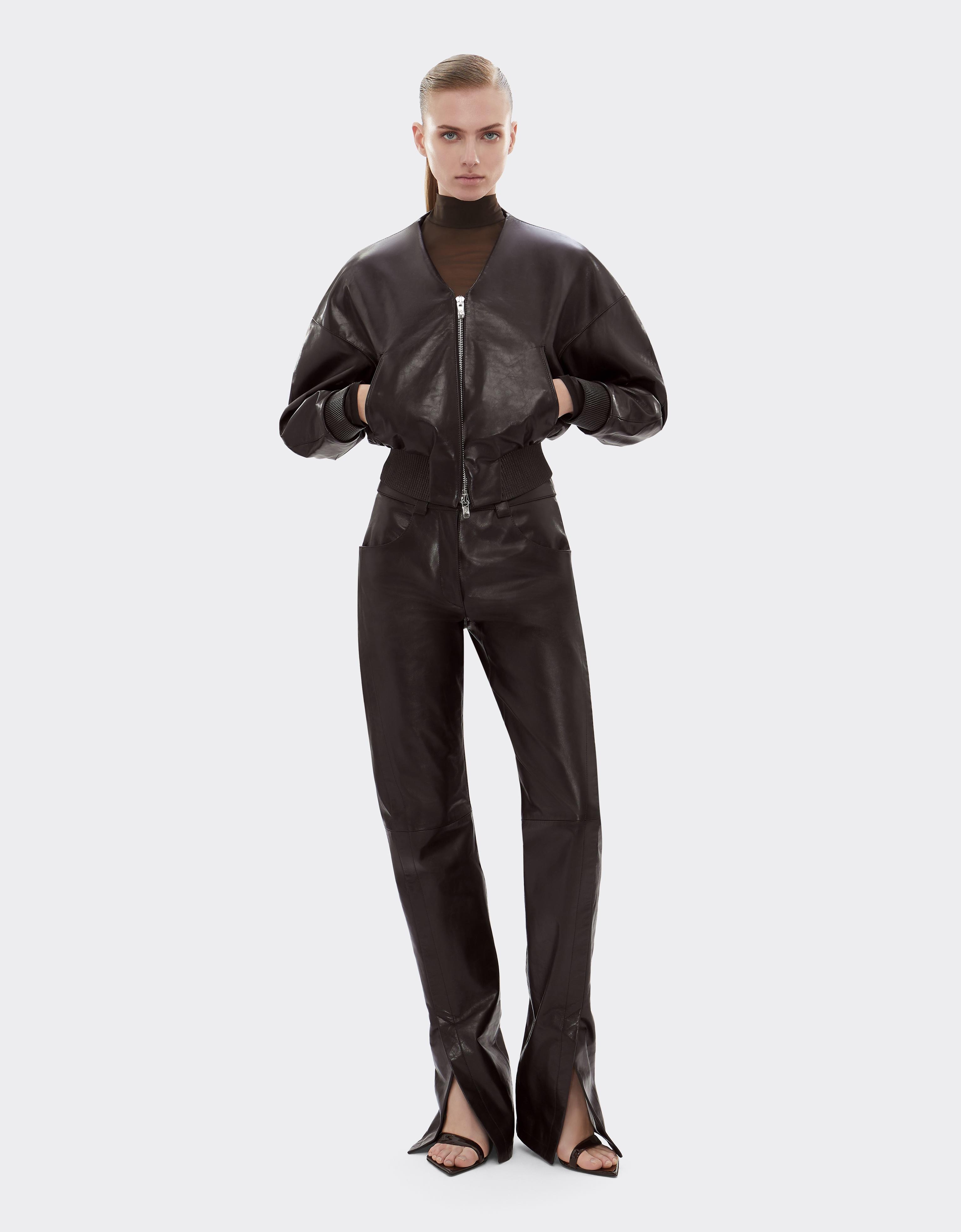 Glossy Leather Bomber Jacket with V-neck