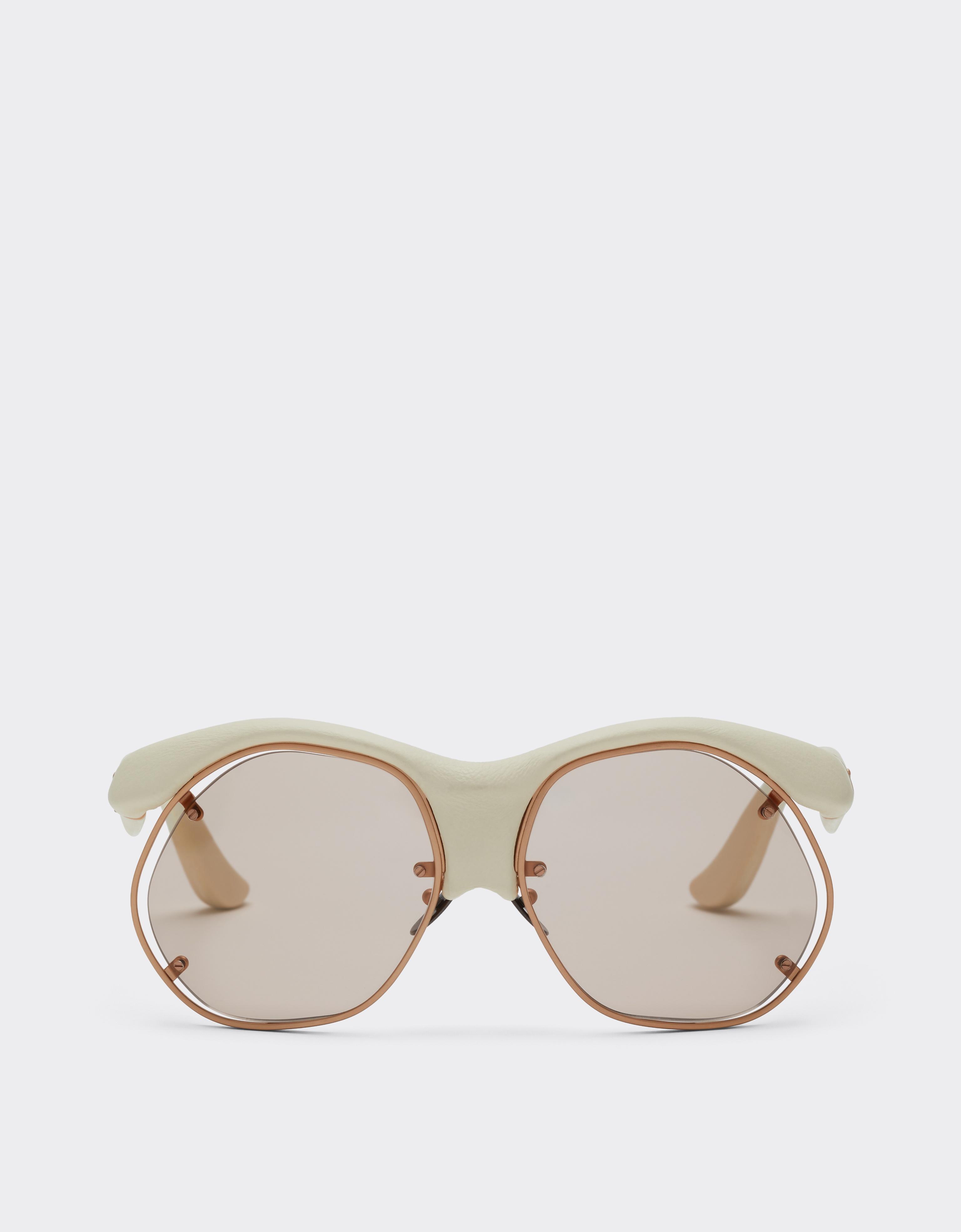 Injection-moulded, metal and ivory leather sunglasses with pink lenses