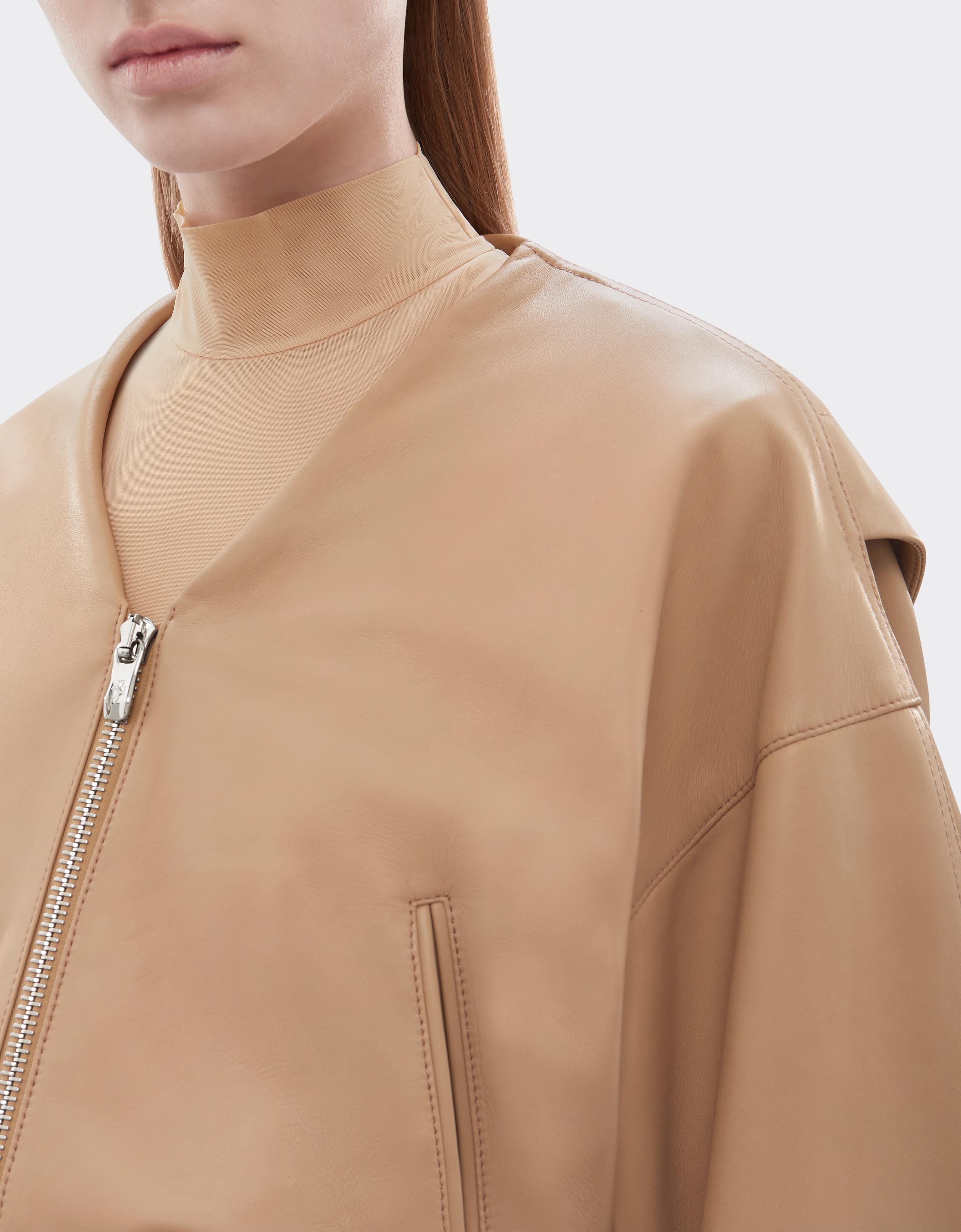 Short leather bomber jacket with V-neck