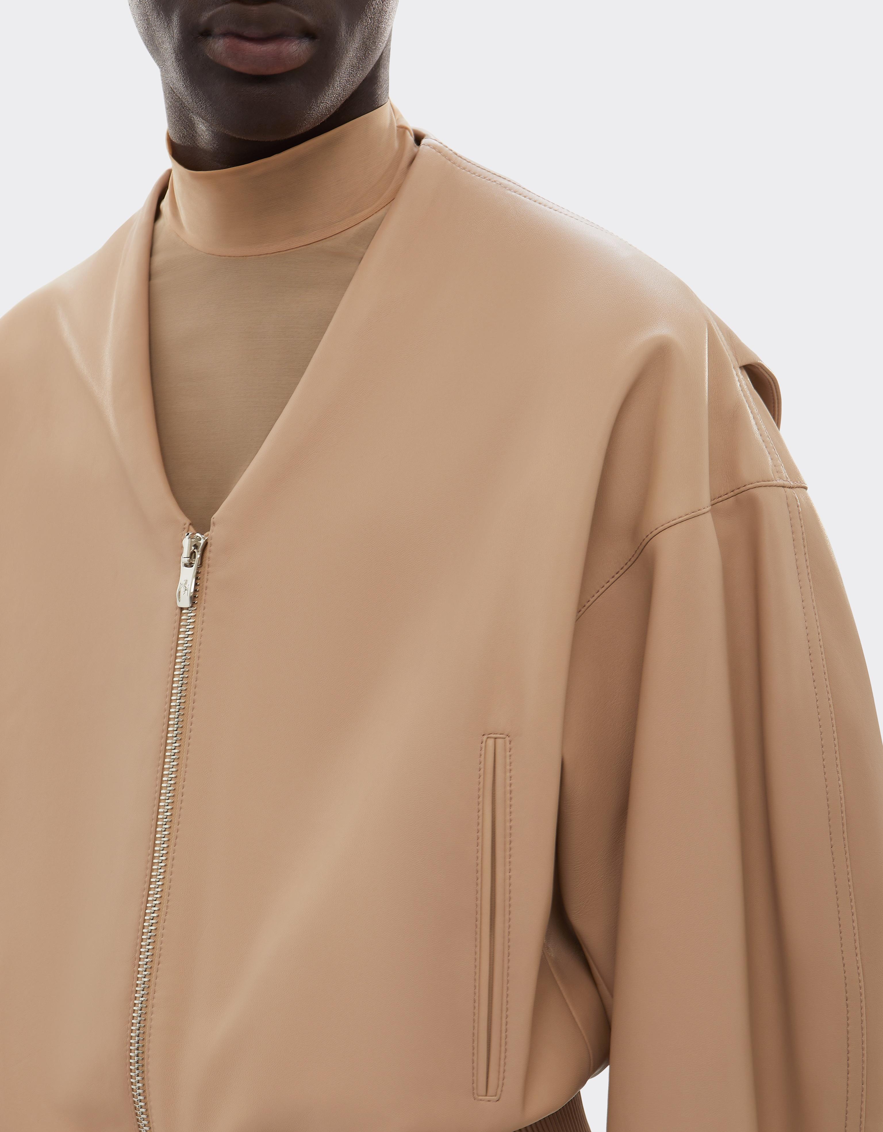 Leather Bomber Jacket with Zip and V-Neck