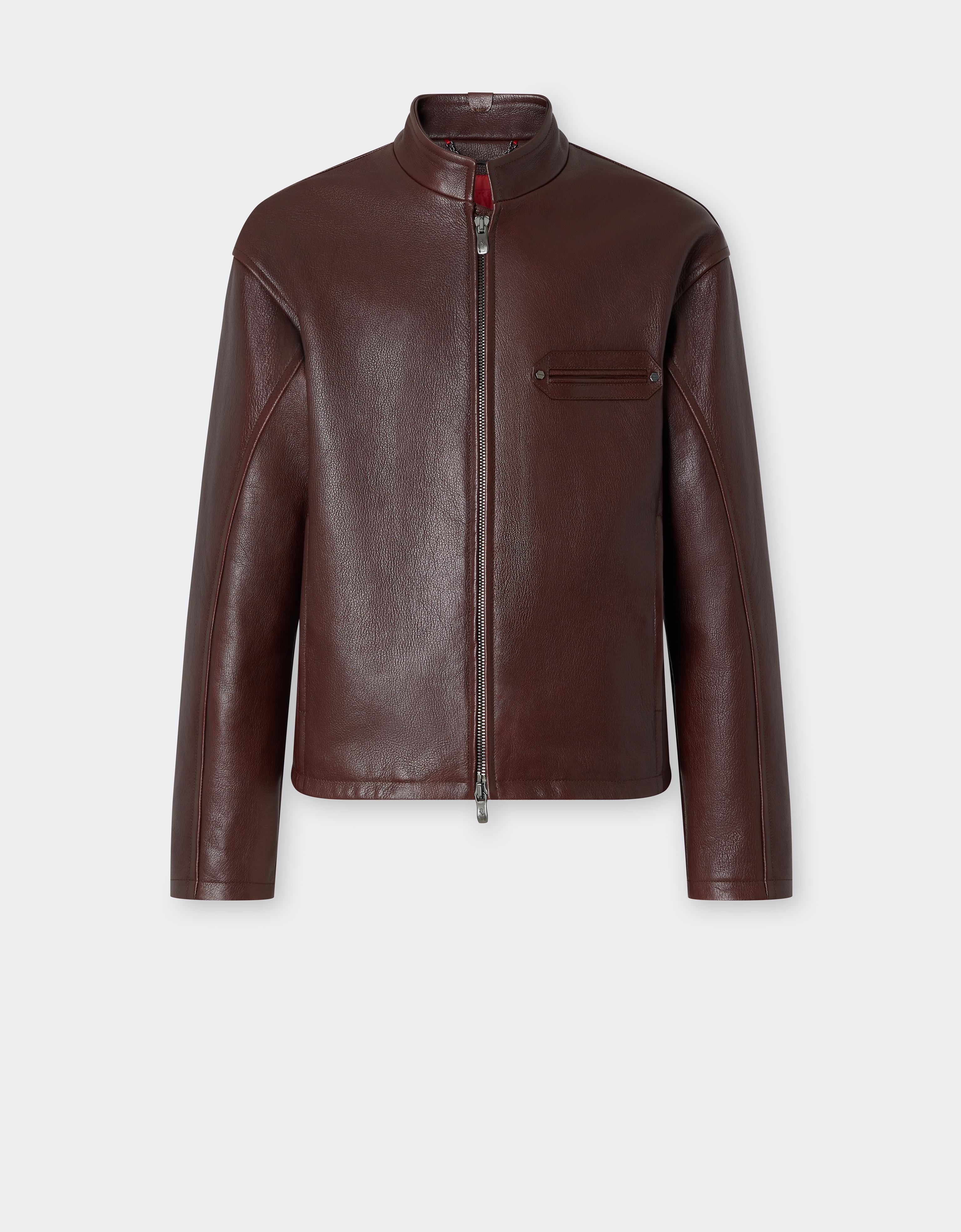 Ferrari High-neck Leather Jacket In Red Brown