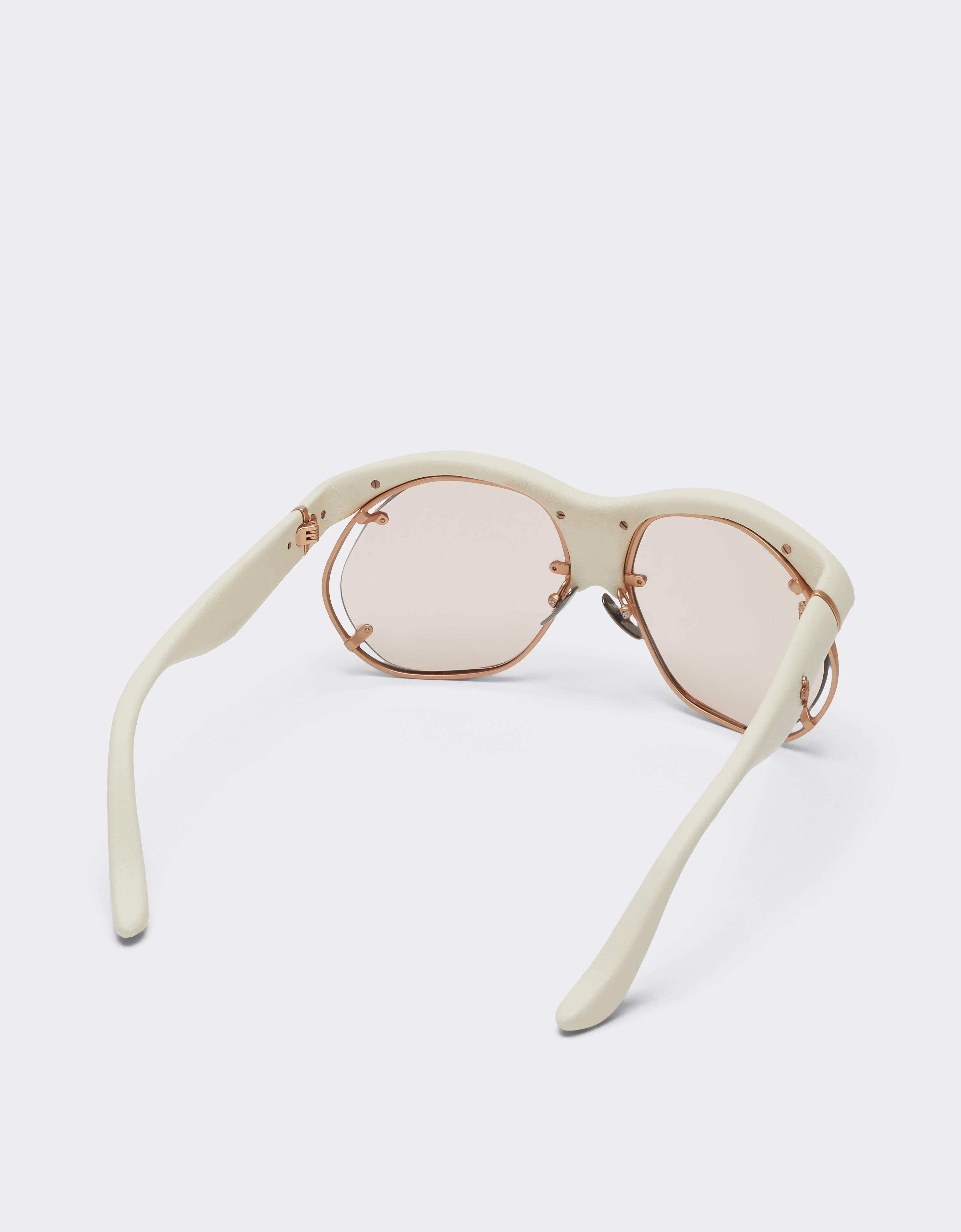 Injection-moulded, metal and ivory leather sunglasses with pink lenses