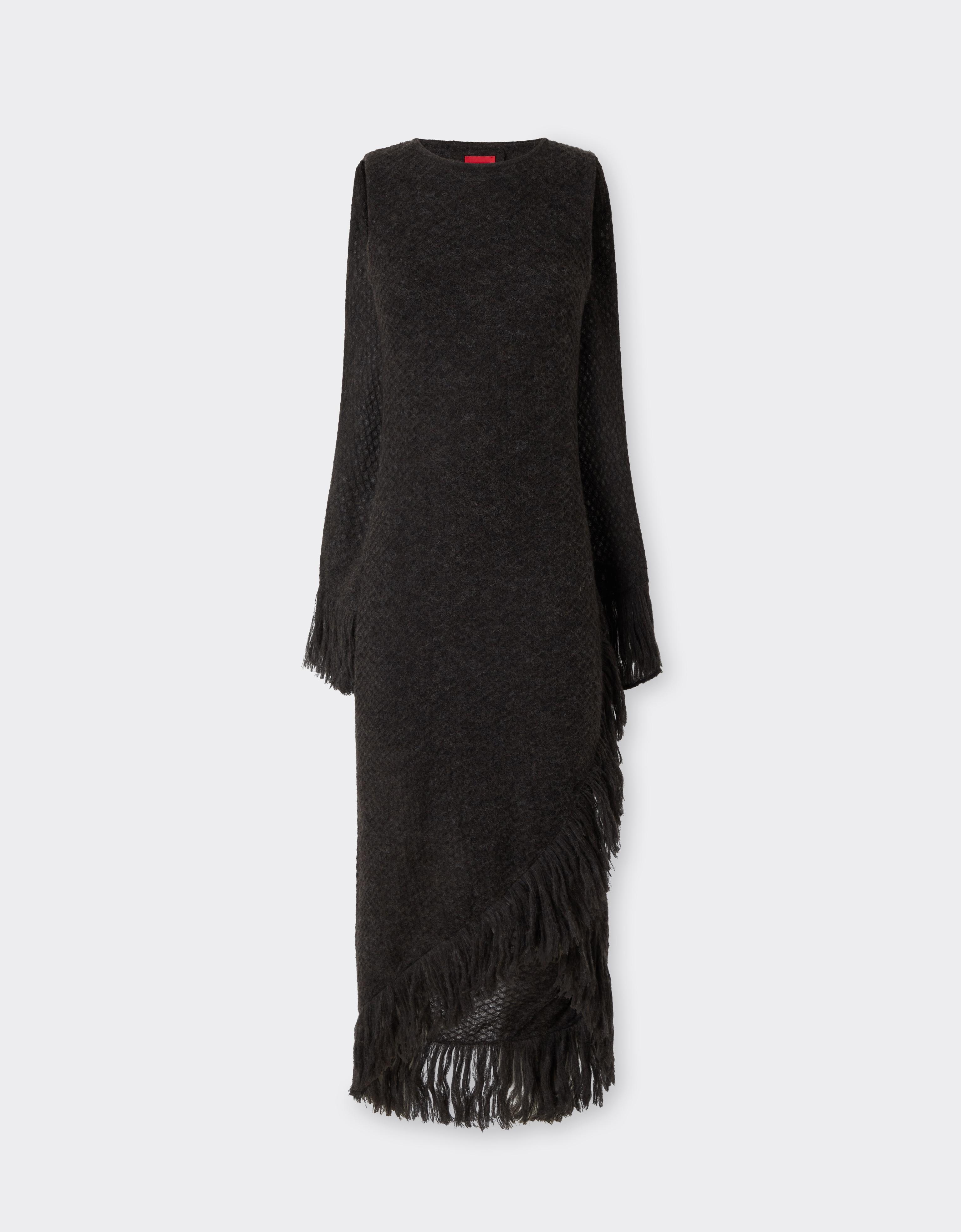 Ferrari Midi Dress In Wool Blend With Fringing In Marrone Scuro
