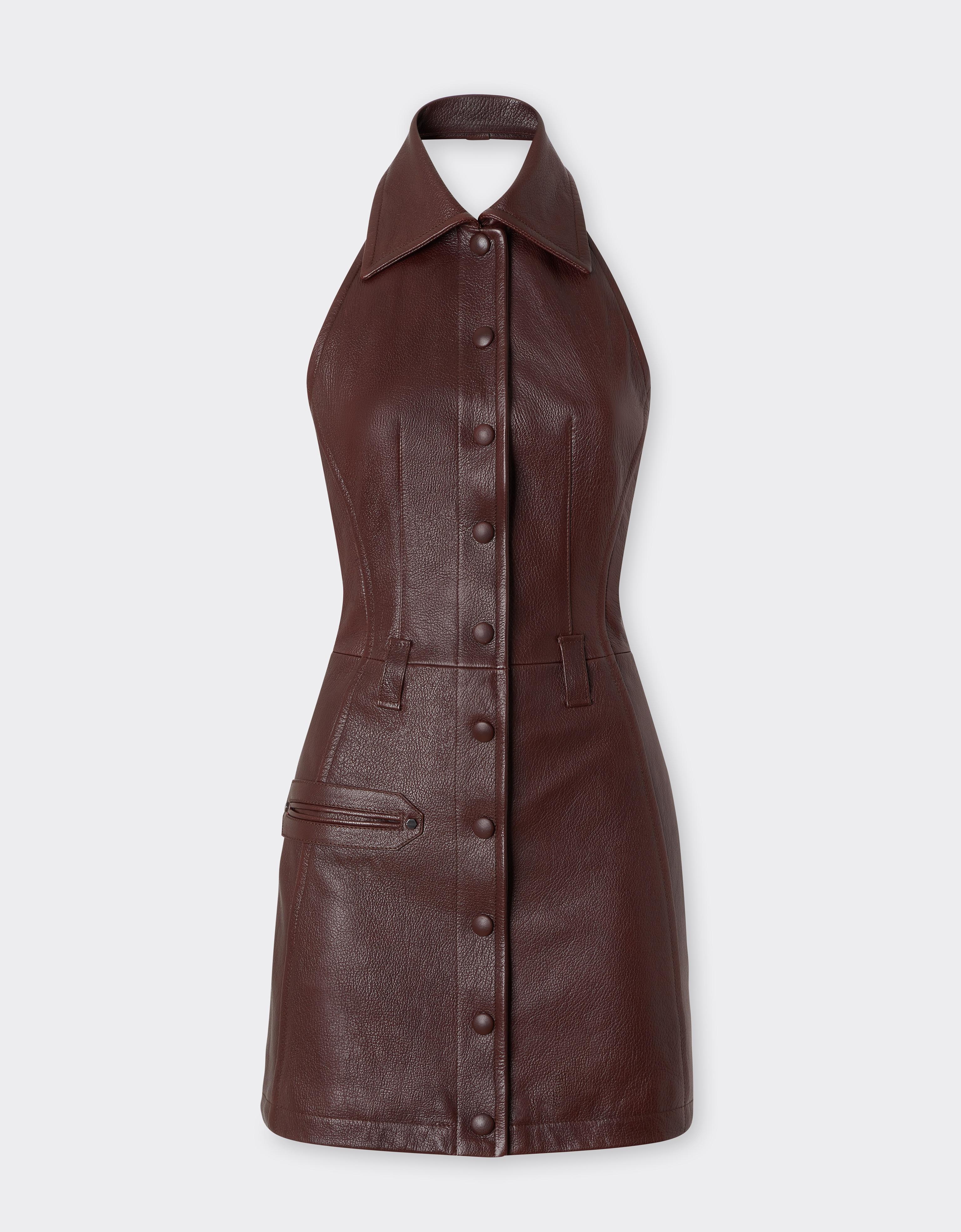 Ferrari Leather Mini Dress With Halter Neck In Red Brown