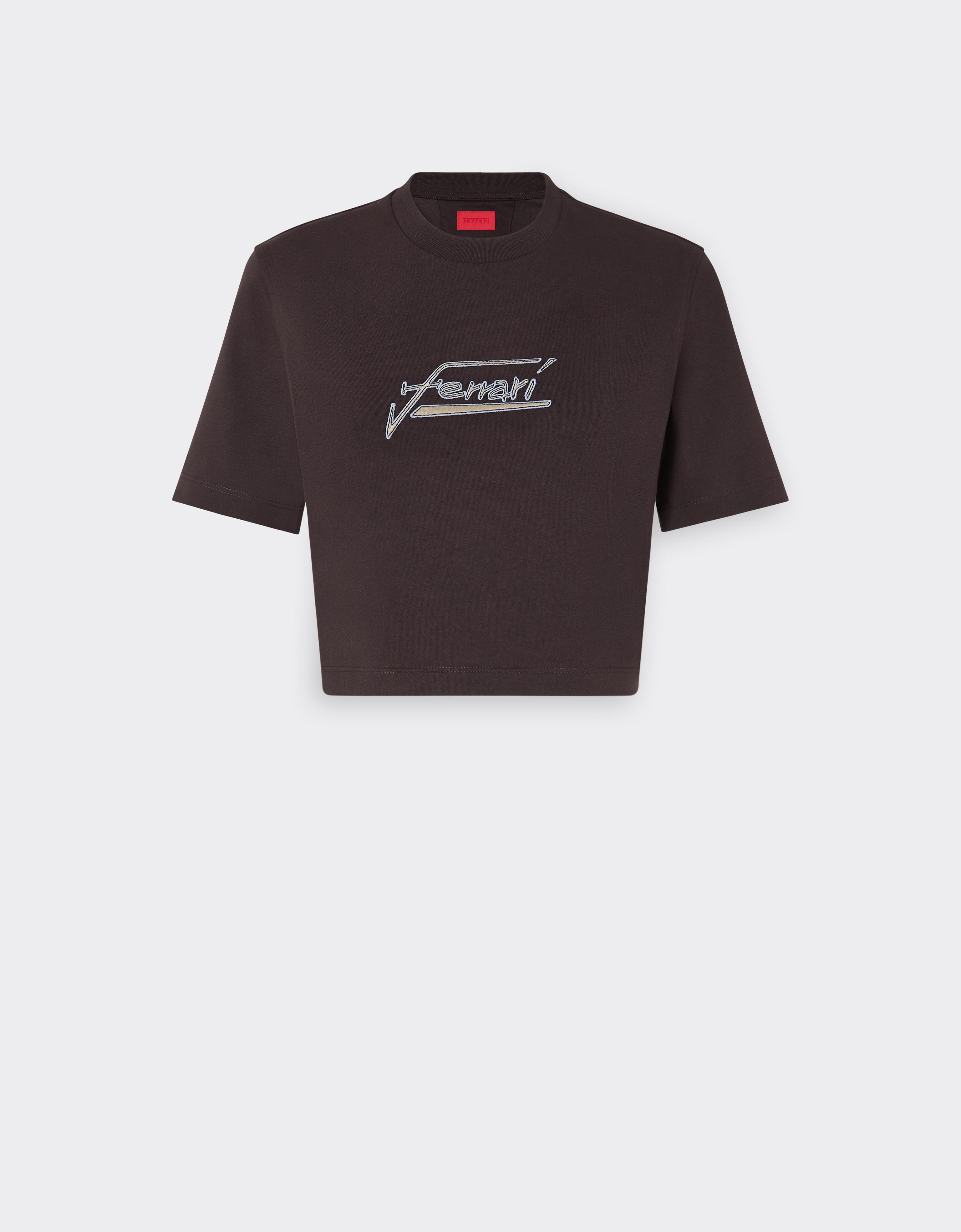 Ferrari Crop-top T-shirt In Cotton With Embroidered Logo In Brown