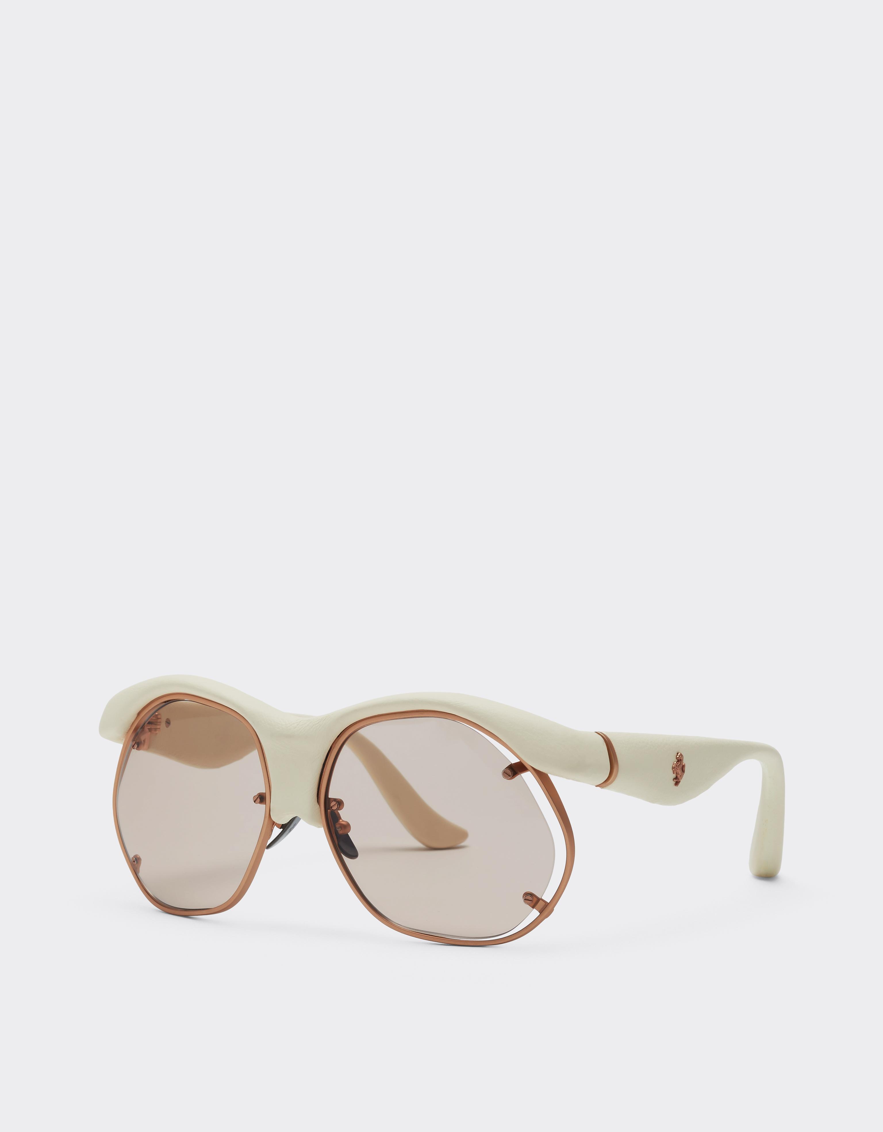 Injection-moulded, metal and ivory leather sunglasses with pink lenses