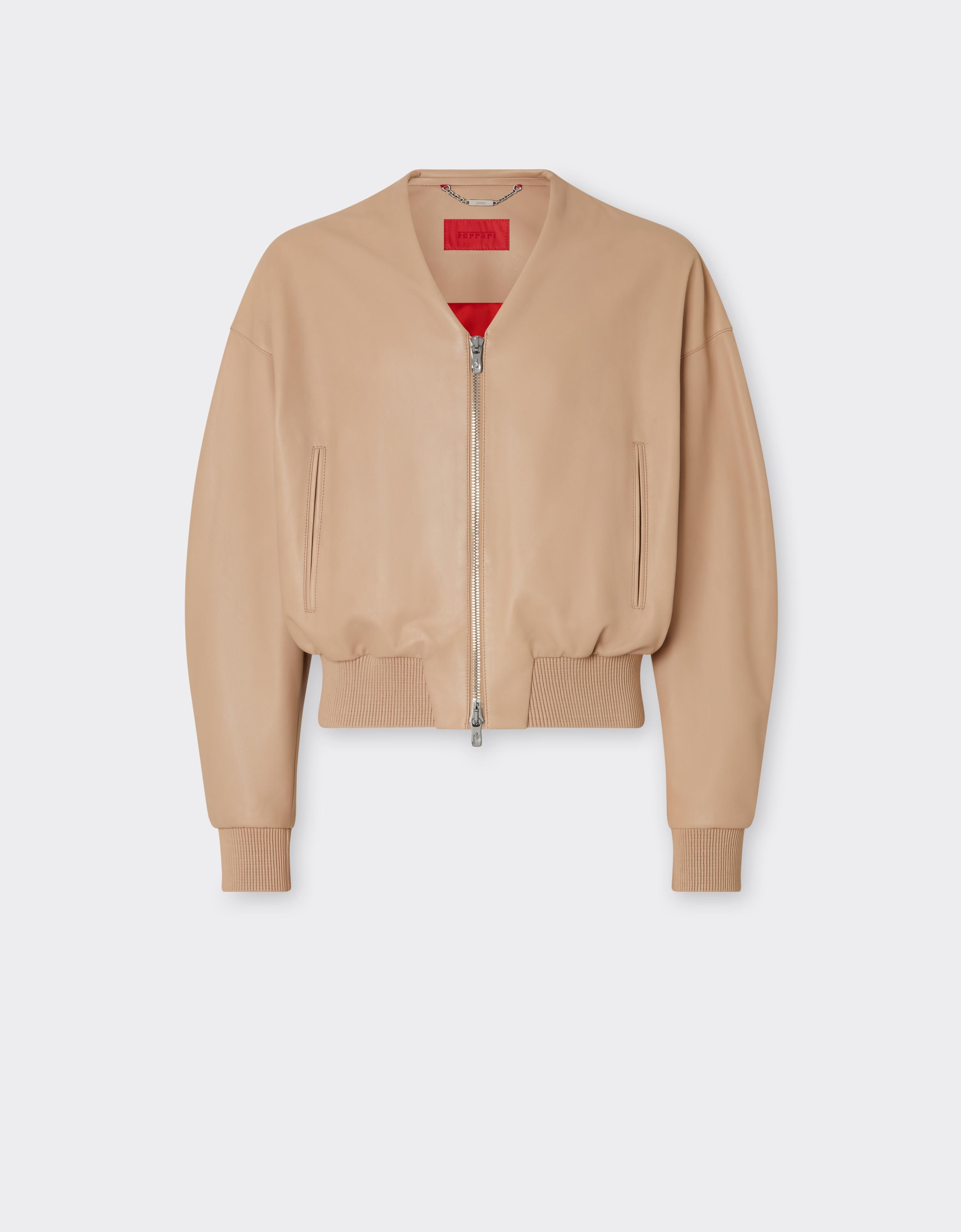 Leather Bomber Jacket with Zip and V-Neck