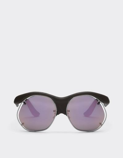 Lunettes de soleil en plastique moulé, métal et cuir marron foncé, avec verres gris à effet miroir rose