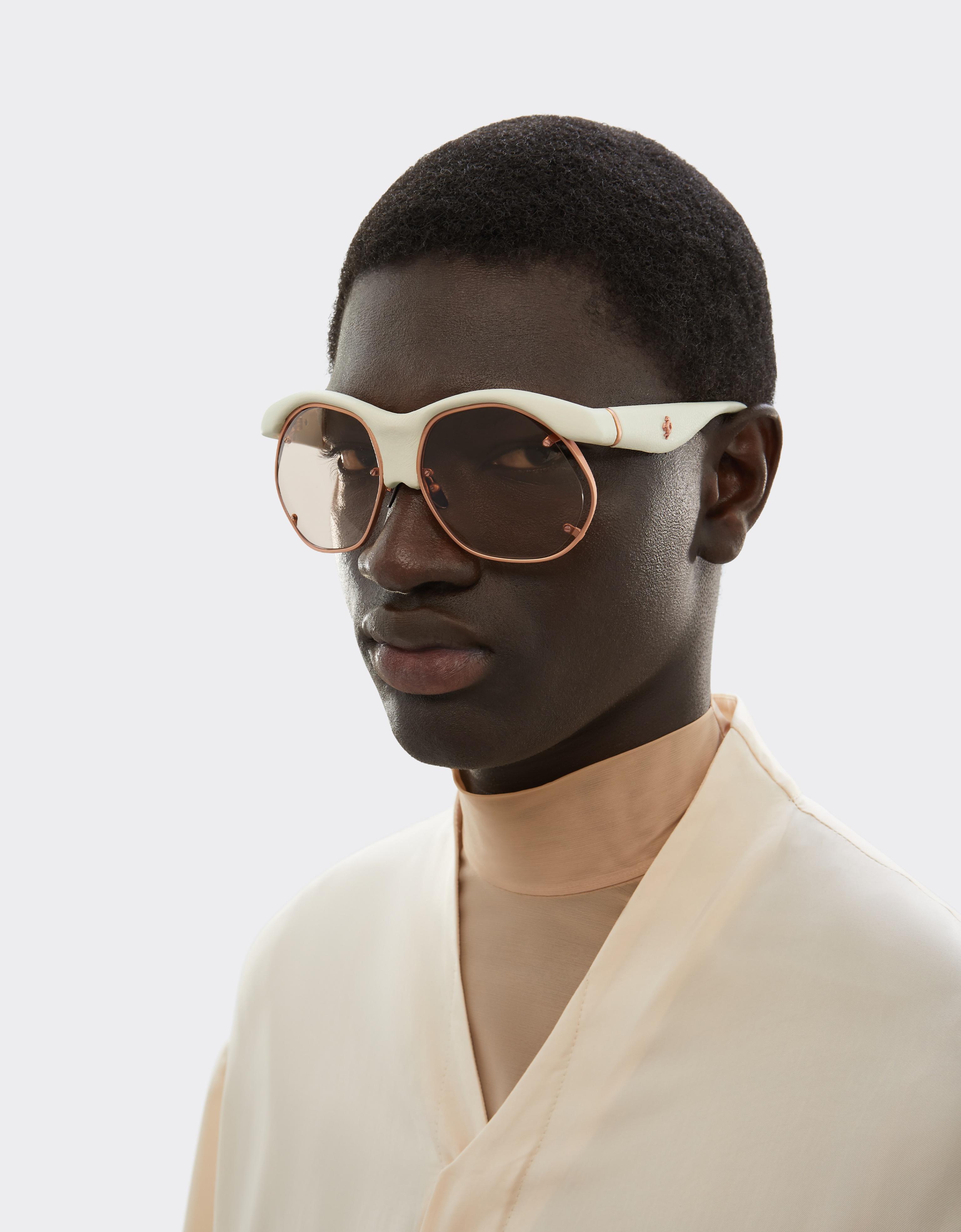Injection-moulded, metal and ivory leather sunglasses with pink lenses