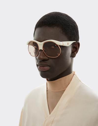 Lunettes de soleil en matière injectée, métal et cuir ivoire avec verres roses
